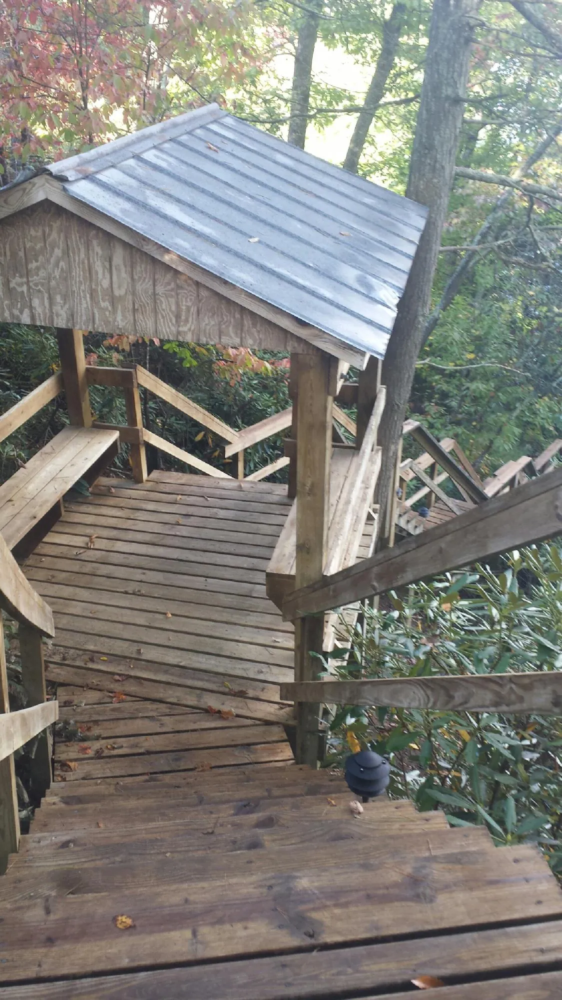 Metal roofed shelter over wooden steps on a wooded walkway — Skylight Repair & Installation work by our crew in Arkport