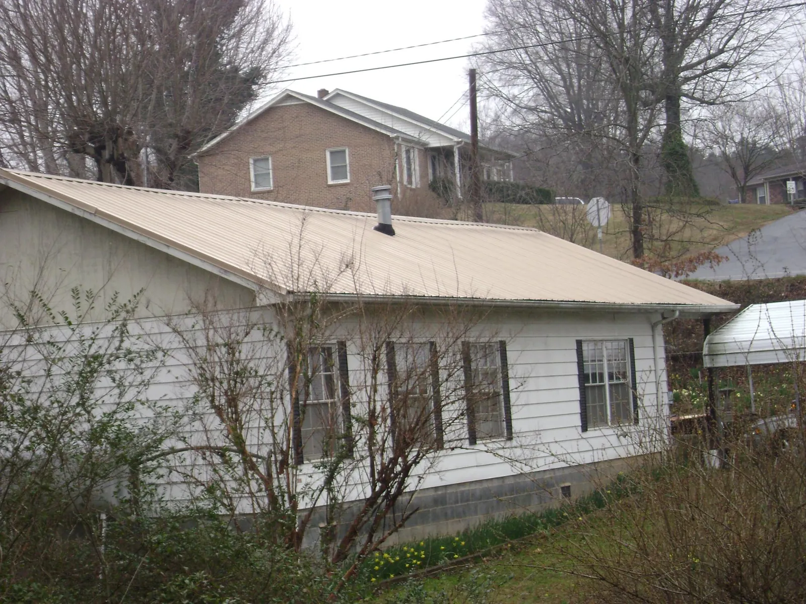 Tan metal roof on a white sided house set into a hillside — Commercial Roofing by Roofing Brothers in Arkport
